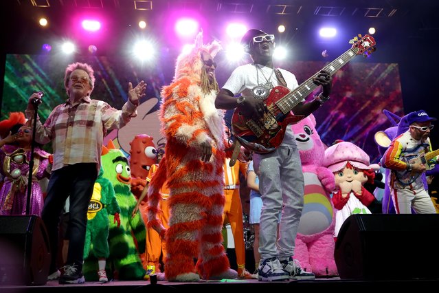 Paul Williams, Thundercat and Flavor Flav perform with Yo Gabba Gabba! at Mojave Tent during the 2025 Coachella Valley Music and Arts Festival on April 19, 2025 in Indio, California. (Photo by Frazer Harrison/Getty Images for Coachella)