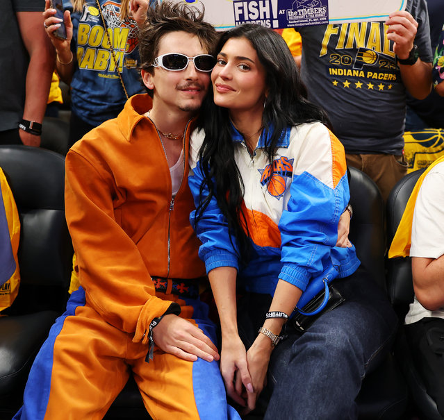 Timothee Chalamet and Kylie Jenner attend Game Six of the Eastern Conference Finals of the 2025 NBA Playoffs between the New York Knicks and the Indiana Pacers at Gainbridge Fieldhouse on May 31, 2025 in Indianapolis, Indiana. (Photo by Gregory Shamus/Getty Images)