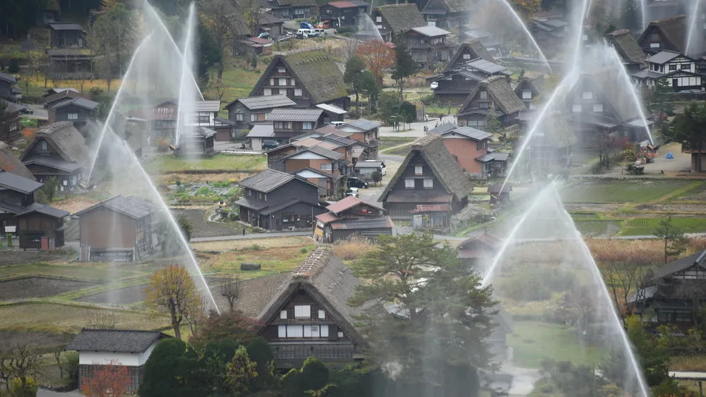 World Heritage Gassho Zukuri Farmhouses Hold Water-Discharge Exercise