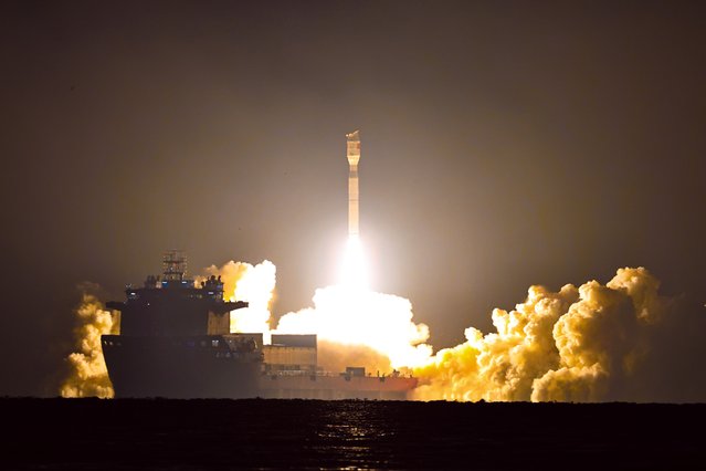 A Smart Dragon-3 rocket carrying the Geely-05 constellation satellites lifts off from sea on September 9, 2025 near Rizhao, Shandong Province of China. The rocket blasted off at 3:48 a.m. (Beijing Time) from the sea near the city of Rizhao, sending the Geely-05 constellation satellites into planned orbits. (Photo by VCG/VCG via Getty Images)
