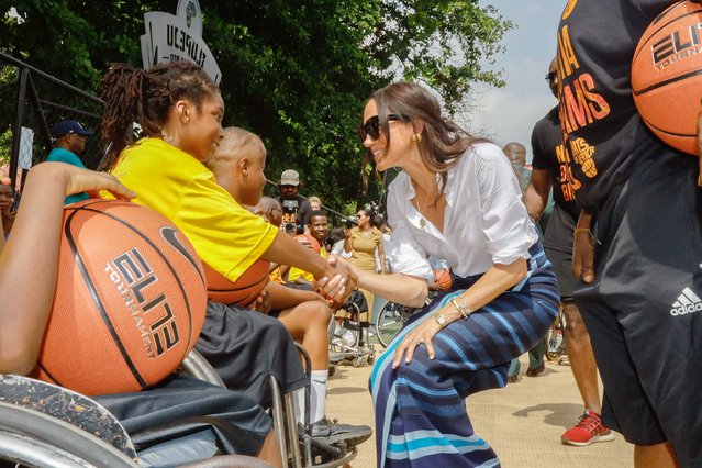 Prince Harry, Duke of Sussex and Meghan, Duchess of Sussex visit Giants of Africa at Ilupeju Senior Grammar School on May 12, 2024 in Lagos, Nigeria. (Photo by Andrew Esiebo/Getty Images for The Archewell Foundation)
