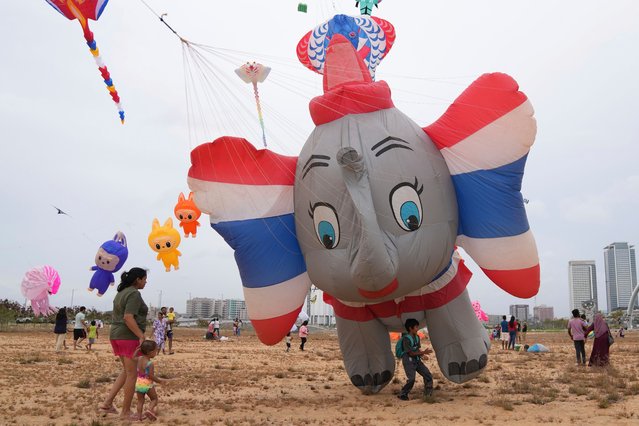 An elephant-shaped kite takes flight at the Colombo International Kite Festival in Colombo, Sri Lanka, Saturday, August 23, 2025. (Photo by Eranga Jayawardena/AP Photo)