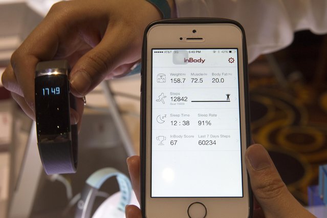 An InBody Band fitness bracelet is displayed during the 2015 International Consumer Electronics Show (CES) in Las Vegas, Nevada January 4, 2015. The band, which can monitor a variety of activities and measure body composition, is expected to be available in March 2015 priced at $179. (Photo by Steve Marcus/Reuters)