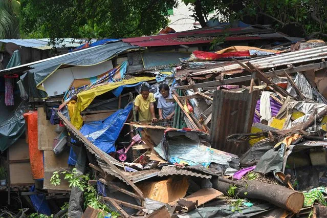 Residents inspect the damage after a huge tree fell on informal settler homes along a creek in Manila on May 19, 2023. The accident, which took place on May 18, 2023, reportedly left two dead and several injured including a two year-old boy. (Photo by Ted Aljibe/AFP Photo)
