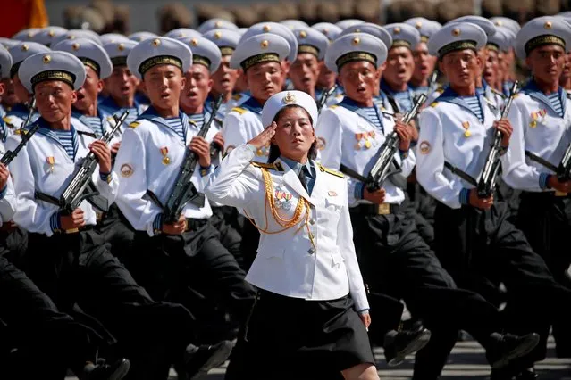 North Korean navy soldiers march past during a parade celebrating the National Day and 70th anniversary of its Foundation in Pyongyang, North Korea, 09 September 2018. (Photo by How Hwee Young/EPA/EFE)