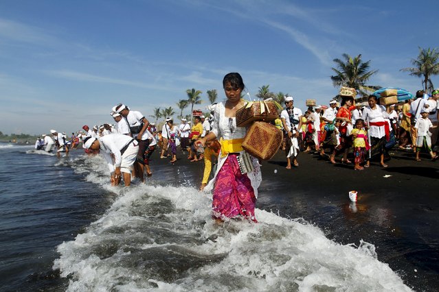 A Balinese Hindu collects seawater during Melasti, a purification ceremony, ahead of the holy day of Nyepi, in Gianyar on the Indonesian resort island of Bali, March 6, 2016. (Photo by Roni Bintang/Reuters)