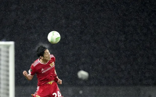 Union's Genki Haraguchi goes for a header during a group E Europa Conference League soccer match between 1. FC Union Berlin and Feyenoord in Berlin, Germany, Thursday, November 4, 2021. (Photo by Michael Sohn/AP Photo)