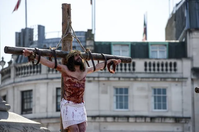 Actor James Burke-Dunsmore stands on a crucifix whilst playing Jesus during The Wintershall's “The Passion of Jesus” in front of crowds on Good Friday at Trafalgar Square on March 25, 2016 in London, England. (Photo by Chris Ratcliffe/Getty Images)