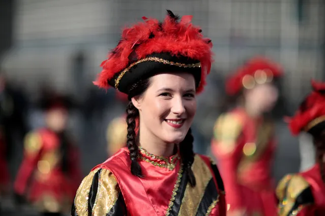 A reveller celebrates the start of the carnival season in the streets of Berlin, Germany February 19, 2017. (Photo by Axel Schmidt/Reuters)