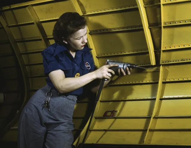 Operating a hand drill at Vultee-Nashville, woman is working on a Vengeance dive bomber, Tennessee, 1943. (Photo by Alfred T. Palmer/Buyenlarge/Getty Images)