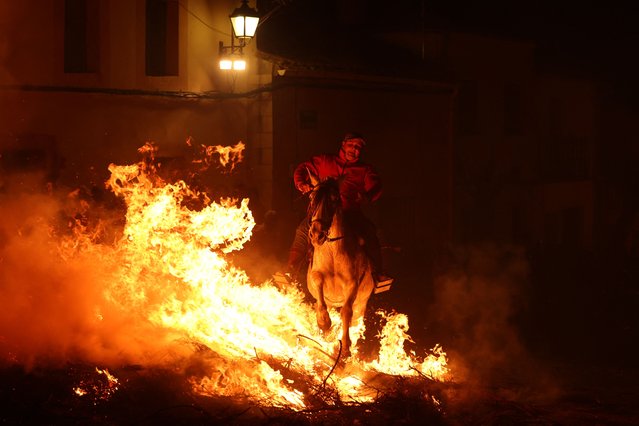 A horseman rides through a bonfire during the traditional festival of “Las Luminarias” in honour of San Antonio Abad (Saint Anthony), the animals' patron saint, in San Bartolome de Pinares, west of Madrid, on January 16, 2023. (Photo by Pierre-Philippe Marcou/AFP Photo)