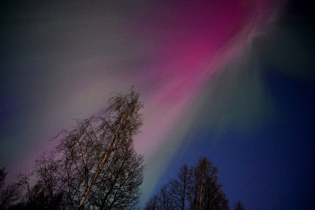 The Aurora Borealis, also known as the Northern Lights illuminate the sky in Espoo, Finland on May 10, 2024. (Photo by Heikki Saukkomaa/Lehtikuva via AFP Photo)