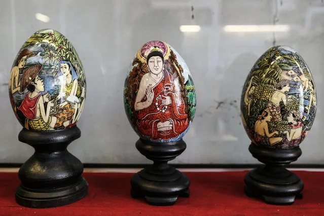 Painted eggshell displayed at Wayan Sadra's workshop on April 14, 2014 in Sukawati, Gianyar, Bali, Indonesia. (Photo by Putu Sayoga/Getty Images)