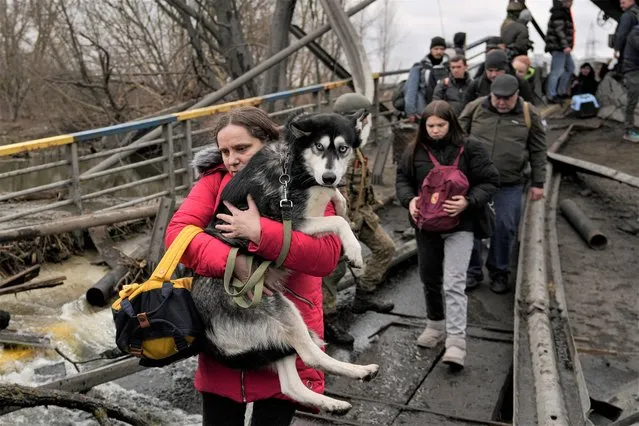 A woman holds a dog while crossing the Irpin River on an improvised path under a bridge that was destroyed by a Russian airstrike, while assisting people fleeing the town of Irpin, Ukraine, Saturday, March 5, 2022. (Photo by Vadim Ghirda/AP Photo)