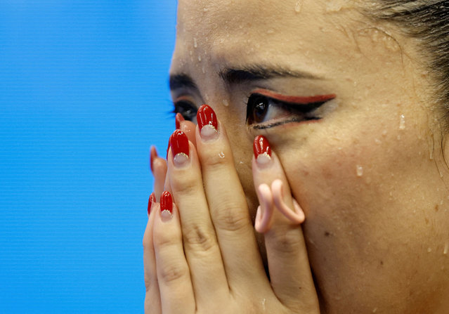 Team Japan's Yukiko Inui reacts after the Women's Artistic Swimming Solo Free Final at Marine Messe Fukuoka Hall A in Fukuoka, Japan on July 19, 2023. Inui was awarded the gold medal in the event. (Photo by Stefan Wermuth/Reuters)