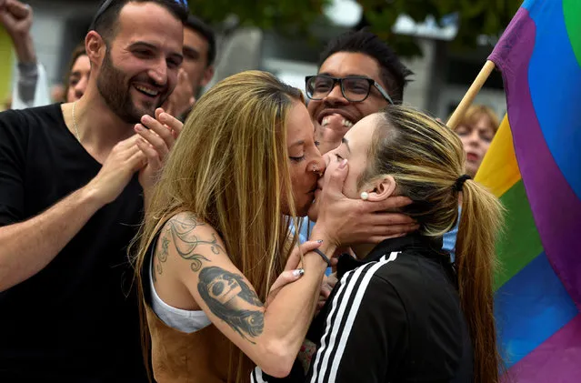 A couple kisses during a LGBT Pride parade in Oviedo, northern Spain, June 28, 2016. (Photo by Eloy Alonso/Reuters)