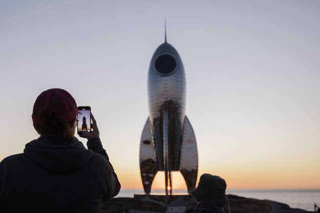 The work “Odyssey”, by Clayton Blake is seen in Bondi as part of the annual Sculpture by the Sea exhibition on October 28, 2024 in Sydney, Australia. Crafted from stainless steel the sculpture is said to celebrate the “human spirit and our deep-seated desire for exploration, discovery, travel, and adventure”. (Photo by Brook Mitchell/Getty Images)