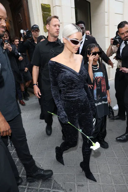 American socialite Kim Kardashian and Saint West depart at Balenciaga on July 06, 2022 in Paris, France. (Photo by Jacopo M. Raule/Getty Images For Balenciaga)