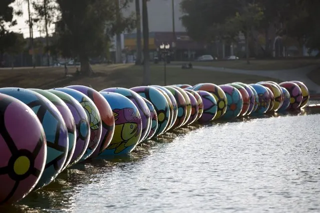 Inflated spheres are pictured in MacArthur Park Lake during the installation of Portraits of Hope's exhibition “Spheres at MacArthur Park” in Los Angeles, California August 21, 2015. (Photo by Mario Anzuoni/Reuters)