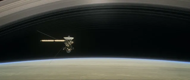 This image made available by NASA in April 2017 shows a still from the short film "Cassini's Grand Finale," with the spacecraft diving between Saturn and the planet's innermost ring. Launched in 1997, Cassini reached Saturn in 2004 and has been exploring it from orbit ever since. Cassini’s fuel tank is almost empty, so NASA has opted for a risky, but science-rich grand finale. (Photo by NASA/JPL-Caltech via AP Photo)