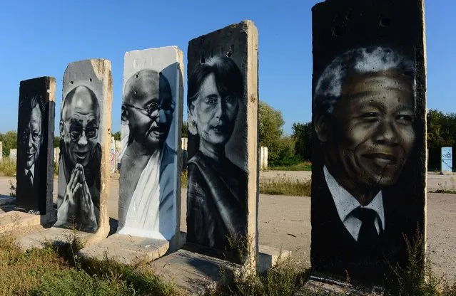 Cement slabs that used to make up the Berlin wall are painted with the portraits of (L to R) German politician Willy Brandt, Tibet's exiled spiritual leader Dalai Lama, leader of Indian independence movement Mahatma Gandhi, Burmese opposition politician Aung San Suu Kyi and South African anti-apartheid revolutionary Nelson Mandela stand in a vacant lot in Teltow outside of Berlin on September 18, 2014. (Photo by John McDougall/AFP Photo)