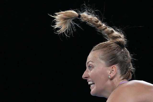 Petra Kvitova of the Czech Republic serves to Anhelina Kalinina of Ukraine during their second round match at the Australian Open tennis championship in Melbourne, Australia, Wednesday, January 18, 2023. (Photo by Aaron Favila/AP Photo)