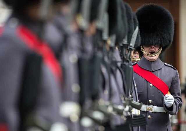 A handout picture made available by the British Ministry of Defense (MOD) shows the F Company Scots Guards providing an immaculate Guard of Honour in their winter ceremonial guard order of grey great coats and black bearskin caps to welcome the Indian Prime Minister Narendra Modi, in London, Britain, November 12, 2015. (Photo by Sergeant Rupert Frere/EPA)