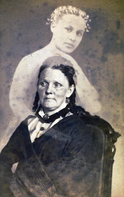 “Unidentified Woman Seated with a Female Spirit” by William Mumler, 1862-75. In the early 1860s Mumler became the first producer and marketer of “spirit photographs”, portraits in which hazy figures, presumed to be the spirits of the deceased, loom behind or alongside living sitters. (Photo courtesy of The Metropolitan Museum of Art)