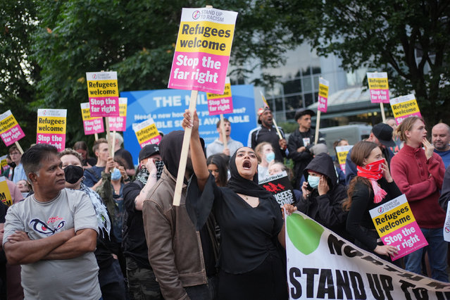 Anti-racism protesters demonstrate in Brentford, London on Wednesday, August 7, 2024. (Photo by PA Wire/PA Images via Getty Images)