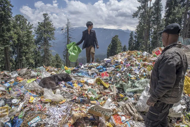 People searches for valuable items from a heap of garbage dumped in the Meadow of flowers on May 15, 2023 in Gulmarg, west of Srinagar, Indian administered Kashmir, India. Gulmarg, also known as the "Meadow of Flowers," is home to the world's highest golf course and a gondola lift that reaches elevations exceeding 4,000 meters. Ski enthusiasts flock to this mountainous region during the winter months to take advantage of the powdery snow. In the summer, however, the resort is flooded with tourists in search of clean, refreshing air due to India's soaring temperatures. Many of these visitors leave behind a significant amount of waste, causing severe ecological threats and endangering villagers who rely on the glacial waters. The accumulation of trash poses a grave danger to the delicate alpine ecology, as well as to the communities that depend on the glacier-fed streams for their water supply. There are no restrictions on bringing food and water up the mountain, despite signs along the road reminding people that plastic is prohibited. Environmental activists caution that all the waste generated in Gulmarg and its surrounding areas is being indiscriminately discarded in the mountains. (Photo by Yawar Nazir/Getty Images)
