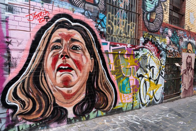 A general view of a mural of Erin Patterson painted by a street artist in a laneway on June 18, 2025 in Melbourne, Australia. Closing arguments are underway in the Erin Patterson trial, with the judge expected to deliver final instructions before the jury begins deliberating. (Photo by Asanka Ratnayake/Getty Images)