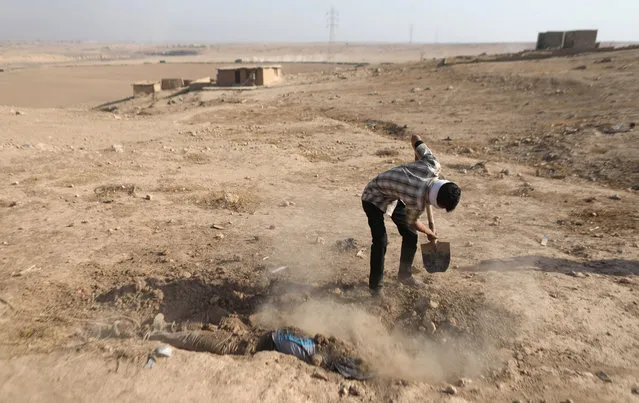 A man buries an Islamic State fighter near Karamah, south of Mosul, Iraq November 11, 2016. (Photo by Goran Tomasevic/Reuters)