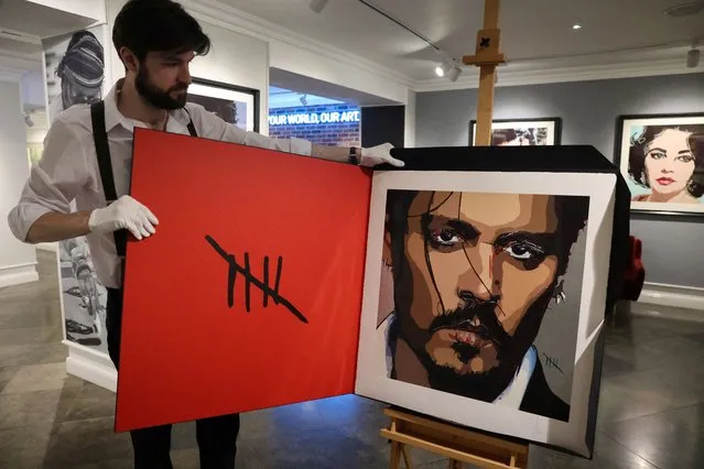 A self-portrait by actor Johnny Depp is pictured in Castle Fine Art Gallery in London, Britain on July 19, 2023. (Photo by Ben Makori/Reuters)