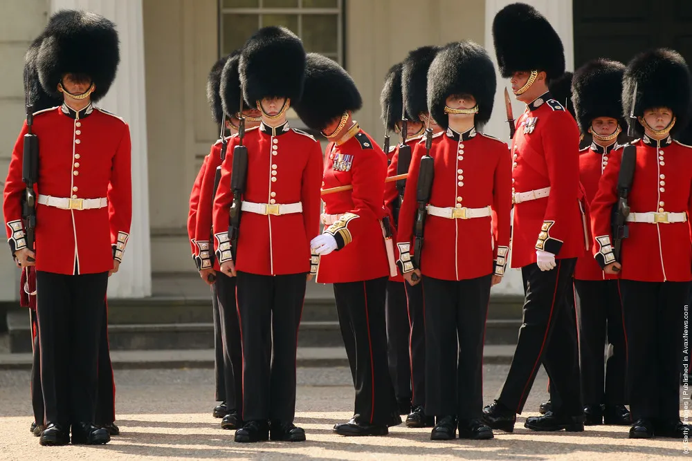Soldiers From The Foot Guards Of The Household Division Prepare Ahead Of The Royal Wedding