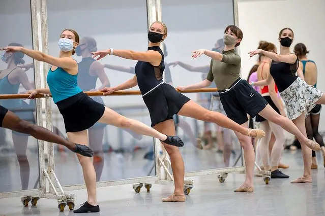 Dancers of Scottish Ballet practise at the Tramway arts venue in Glasgow, Scotland on August 18, 2021 for a tour of Gene Kelly’s Starstruck, starting next month. It will be their first production since restrictions ended. (Photo by James Glossop/The Times)