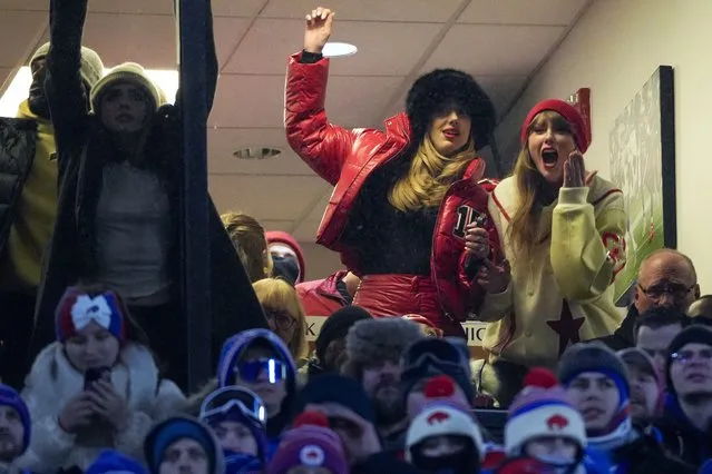American singer-songwriter Taylor Swift, right, and football player Brittany Mahomes react during the third quarter of an NFL AFC division playoff football game between the Buffalo Bills and the Kansas City Chiefs, Sunday, January 21, 2024, in Orchard Park, N.Y. (Photo by Frank Franklin II/AP Photo)