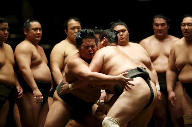 Sumo wrestlers of Nishonoseki clan take part in a joint training session ahead of the May Grand Sumo Tournament in Tokyo May 2, 2015. (Photo by Toru Hanai/Reuters)
