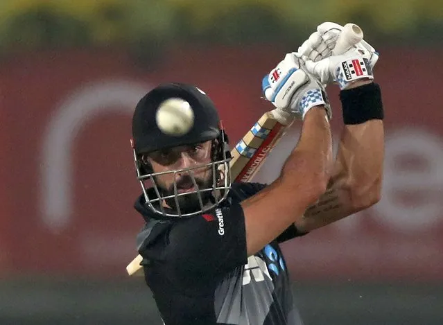 New Zealand's Daryl Mitchell bats during the second T20 cricket match between India and New Zealand, in Ranchi, India, Friday, November 19, 2021. (Photo by Rafiq Maqbool/AP Photo)