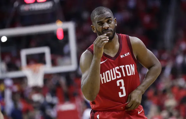 Houston Rockets guard Chris Paul (3) reacts after he was hit on the face during the second half in Game 6 of the team's second-round NBA basketball playoff series against the Golden State Warriors, Friday, May 10, 2019, in Houston. Golden State won 118-113, winning the series. (Photo by Eric Gay/AP Photo)