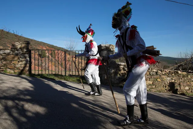 Revellers dressed as “Botargas” walk up a street during carnival celebrations in Almiruete, Spain, February 25, 2017. (Photo by Sergio Perez/Reuters)
