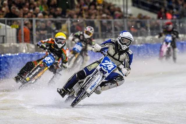 Finland's Max Koivula (24) in Blue leading Germany's Markus Jell (82) in Yellow and Austria's Charly Ebner (665) in White with Germany's Benedikt Monn (99) in Red behind during the FIM Ice Speedway Gladiators World Championship Final 3 at Ice Rink Thialf, Heerenveen, The Netherlands on Saturday, April 6, 2024. (Photo by Ian Charles/MI News & Sport/Alamy Live News)
