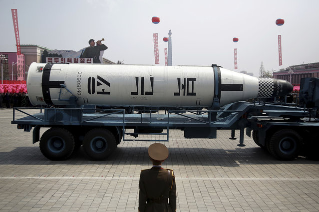 A submarine missile is paraded across the Kim Il Sung Square during a military parade on Saturday, April 15, 2017, in Pyongyang, North Korea to celebrate the 105th birth anniversary of Kim Il Sung, the country's late founder and grandfather of current ruler Kim Jong Un. (Photo by Wong Maye-E/AP Photo)