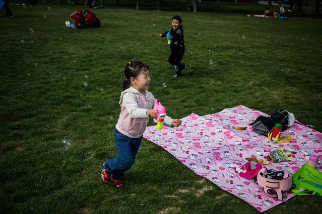 Chinese children enjoy warm weather playing on a grass, in Qingdao city, eastern China's Shandong province, 15 April 2017 (issued 17 April 2017). Qingdao is a popular place to visit for Chinese tourists, especially during the summer season. (Photo by  Roman Pilipey/EPA)