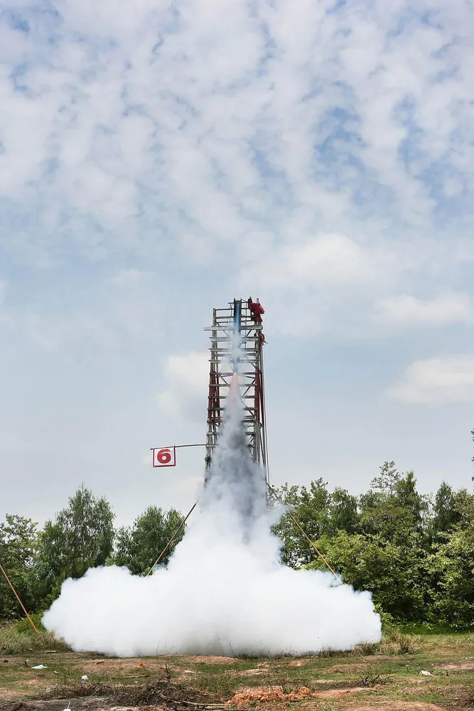 Large Homemade Rockets at Bun Bang Fai Festival in Thailand