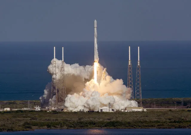 In this image released by SpaceX, an unmanned Falcon rocket lifts off from from Cape Canaveral Air Force Station, Friday, May 27, 2016, in Cape Canaveral, Fla. The first stage of the unmanned Falcon rocket settled onto a barge 400 miles off the Florida coast, eight minutes after liftoff, It's the third successful booster landing at sea for the California-based SpaceX. This one came after the rocket launched an Asian communications satellite. (Photo by SpaceX via AP Photo)