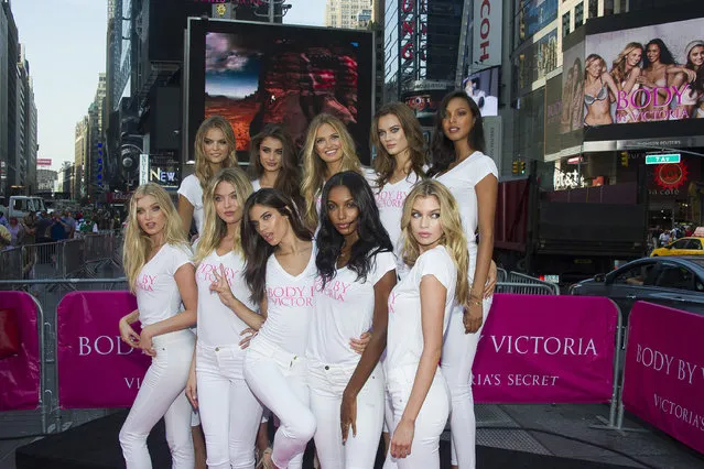 The newest Victoria's Secret Angels, clockwise from top left, Kate Grigorieva, Taylor Hill, Romee Strijd, Jac Jagaciak, Lais Ribeiro, Stella Maxwell, Jasmine Tookes, Sara Sampaio, Martha Hunt and Elsa Hosk launch the Body By Victoria campaign in Times Square on Tuesday, July 28, 2015, in New York. (Photo by Charles Sykes/Invision/AP Photo)