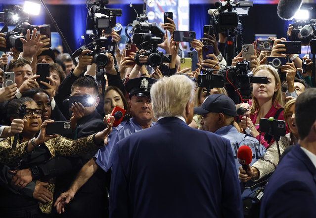 Republican presidential nominee, former U.S. President Donald Trump speaks to reporters in the spin room after debating Democratic presidential nominee, U.S. Vice President Kamala Harris, at Pennsylvania Convention Center on September 10, 2024 in Philadelphia, Pennsylvania. After earning the Democratic Party nomination following President Joe Biden's decision to leave the race, Harris faced off with Trump in what may be the only debate of the 2024 race for the White House. (Photo by Kevin Dietsch/Getty Images)