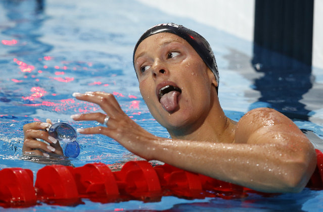 Italy's Federica Pellegrini sticks out her tongue after a women's 200m freestyle semifinal at the Swimming World Championships in Kazan, Russia, Tuesday, August 4, 2015. (Photo by Sergei Grits/AP Photo)