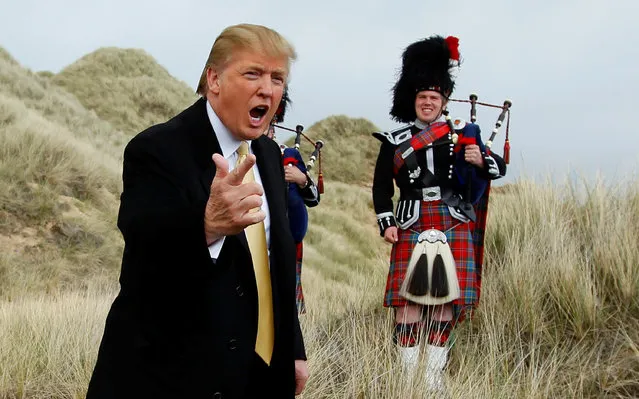 U.S. property mogul Donald Trump gestures during a media event on the sand dunes of the Menie estate, the site for Trump's proposed golf resort, near Aberdeen, Scotland, Britain May 27, 2010. (Photo by David Moir/Reuters)