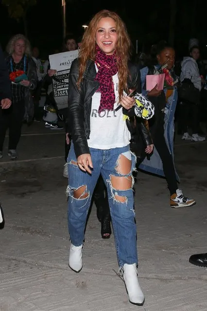 A smiling Shakira is seen leaving Super Bowl 2020 after putting on a Legendary Halftime Show in Miami, FL. on February 2, 2020. The 43-year-old entertainer looked youthful as she donned ripped jeans, a leather jacket, and a graphic tee while leaving the stadium. (Photo by Backgrid USA)
